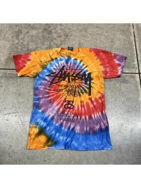 vintage stussy tie dye new york los angeles london paris graffiti shirt small